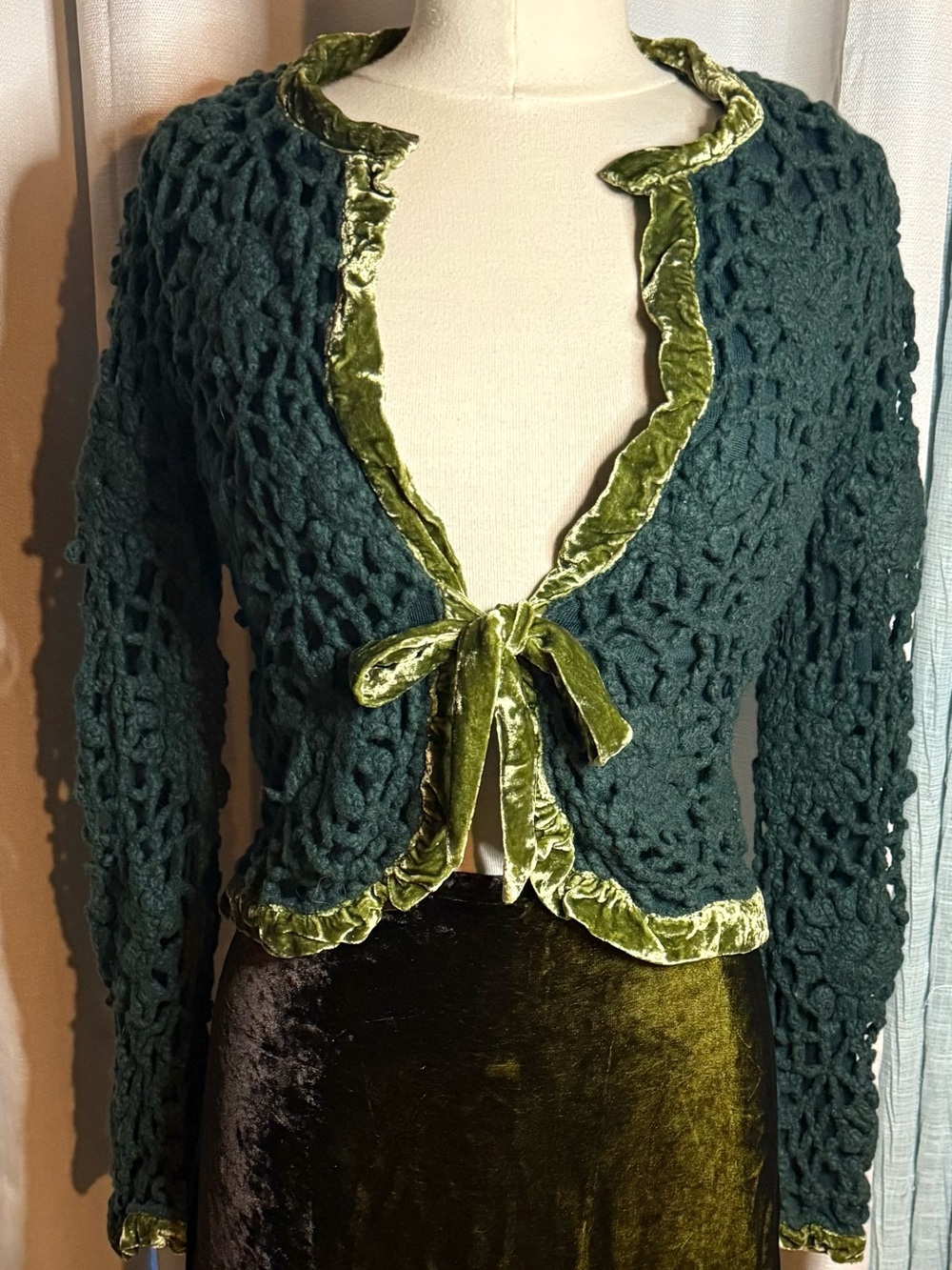 Moth Dark Green Crochet Cardigan with Velvet Trim